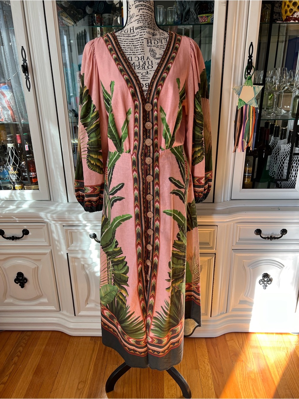 FARM Rio Pink Maxi Kaftan Dress with Green Tropical Banana Leaf Print M